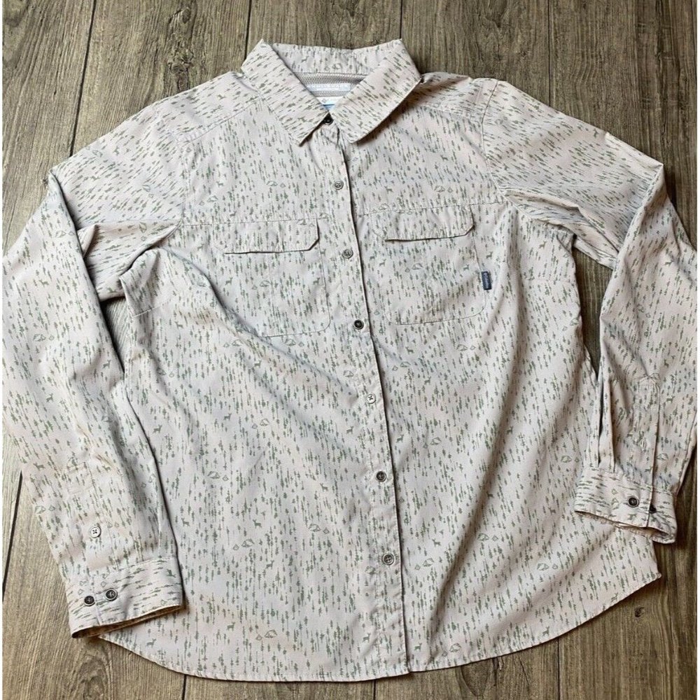 COLUMBIA Omni-Shade Button Down Top Forest Pattern Lightweight Vented Women's L